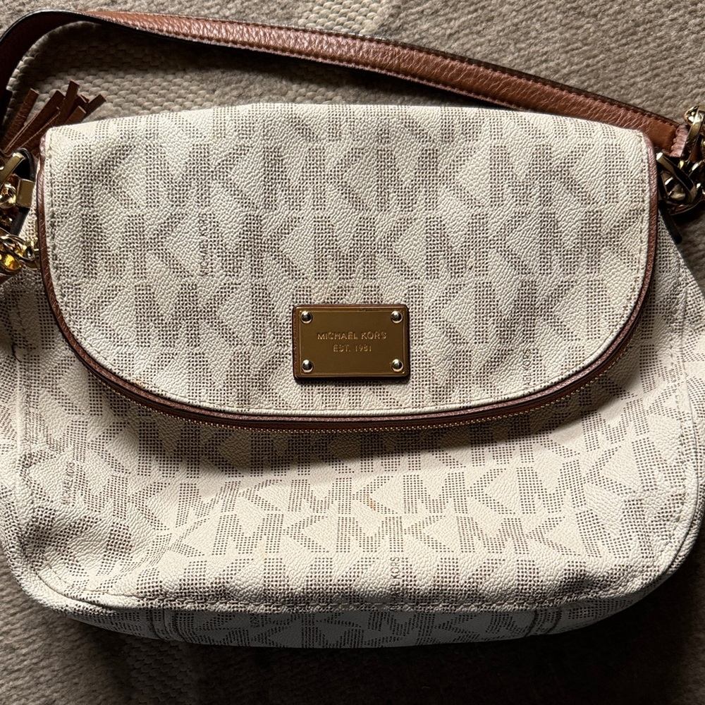 Michael Kors Cream and Brown Logo Canvas Crossbody with Gold Plaque